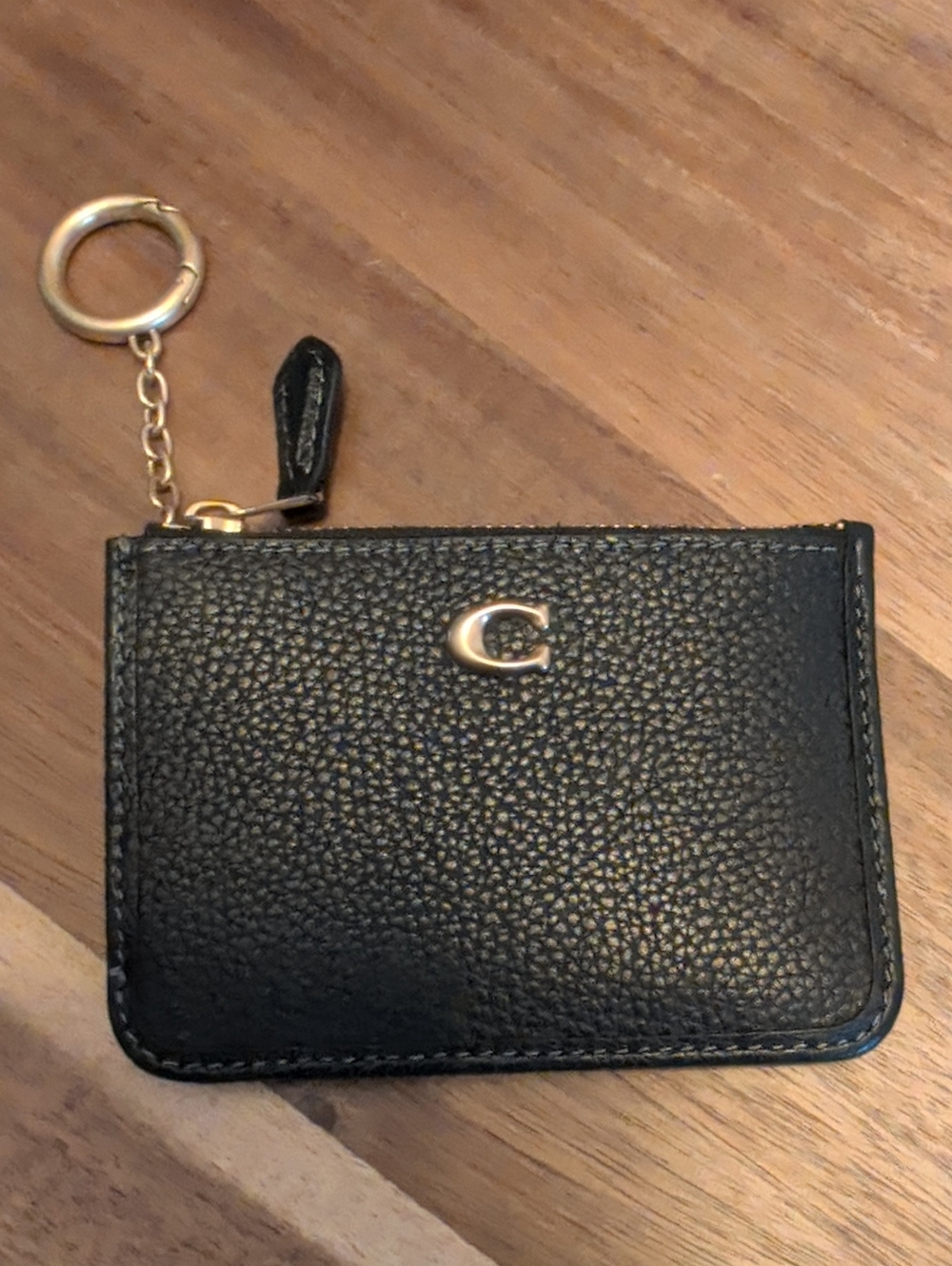 NWT Coach Black Pebbled Leather Card Case with Gold Keyring